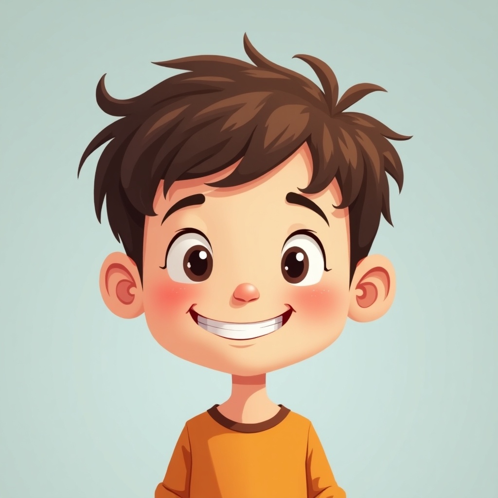 Illustration of a cartoon-style 12-year-old boy with tousled hair and a cheerful smile. Background in muted blue-gray tone. The character has large, expressive eyes and is depicted shirtless, embodying childhood joy.