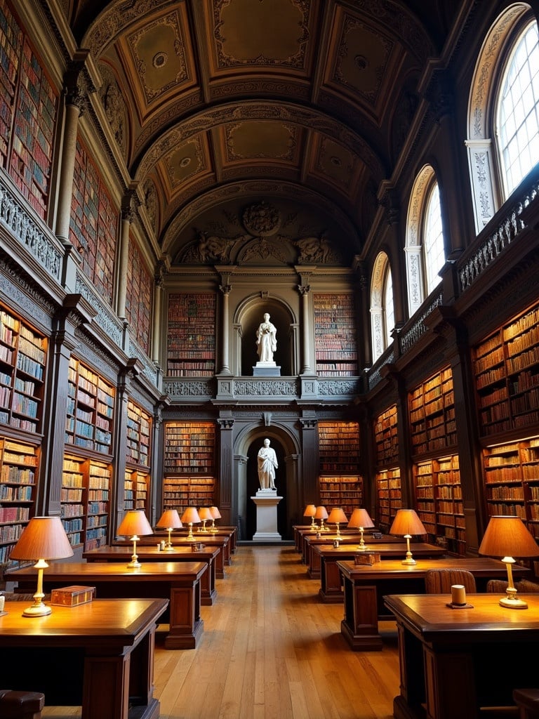 Image shows a grand library with tall bookshelves on both sides. Shelves filled with colorful books. High ceiling with intricate patterns. Warm lighting from desk lamps. Wooden study tables arranged symmetrically. Statue in the background adds significance. Large arched windows let in natural light. Overall atmosphere is rich and intellectual.