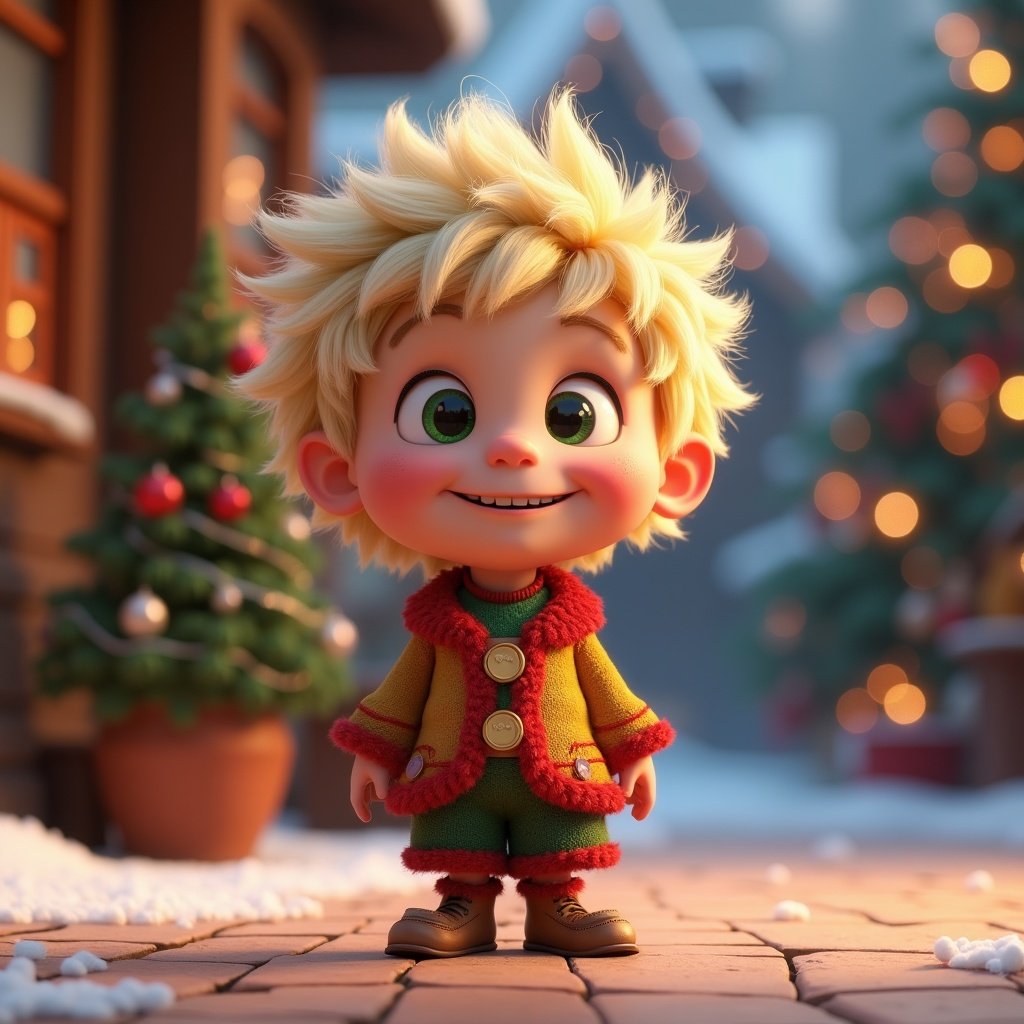 Whoville character with blonde hair stands in a festive setting. Character wears a colorful outfit. Background has holiday decorations. The character is young and very cute.