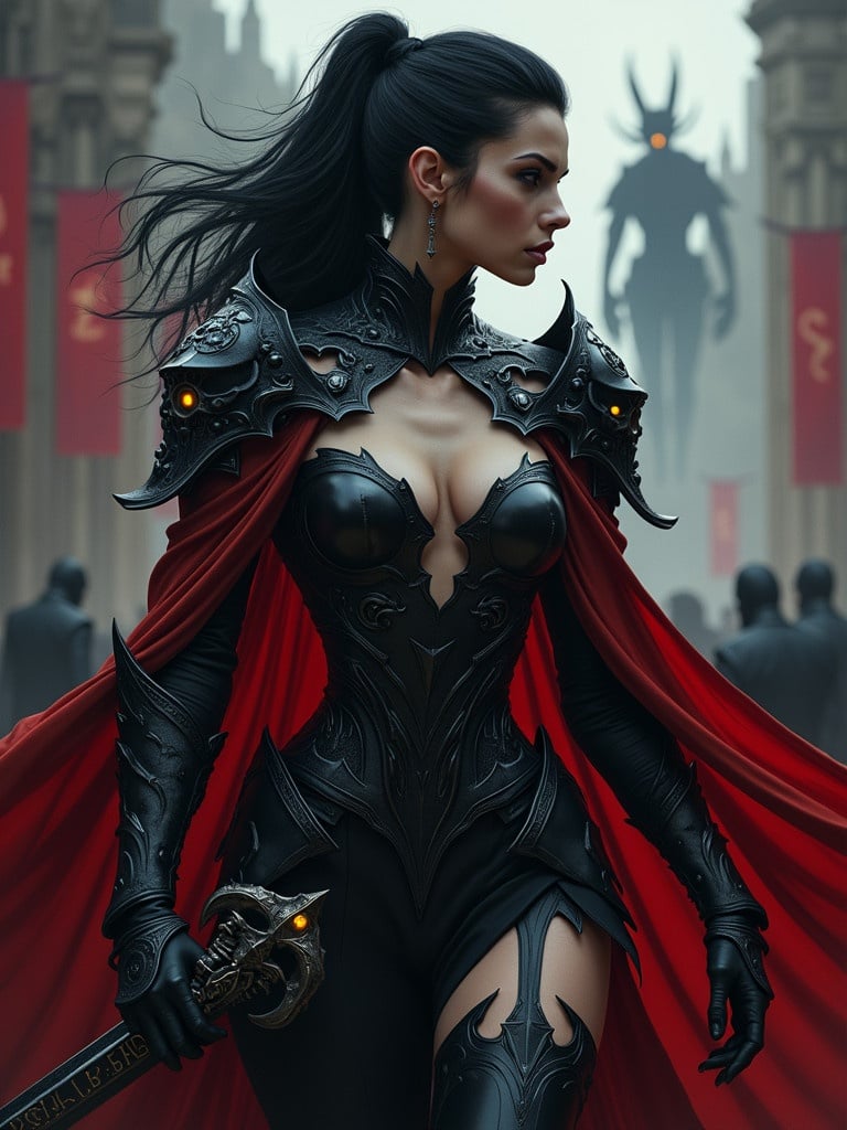 Dark fantasy digital artwork of a female warrior in gothic armor. Three-quarter profile view with black hair and fierce expression. Pale skin illuminated softly. Armor features skull design and metallic textures. Holding an ornate sword with runes. Red cape billows behind. Ominous creature in blurred background. Moody lighting conveys strength and elegance.