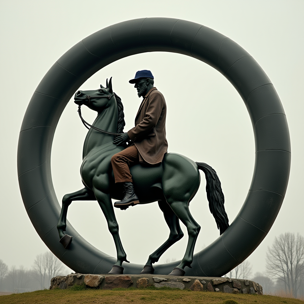 A statue of a person riding a horse, set within a large circular frame on a stone pedestal, amidst a foggy landscape.