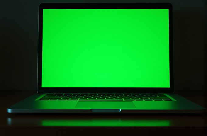 A laptop displaying a vibrant green screen, casting an eerie glow on the surroundings.