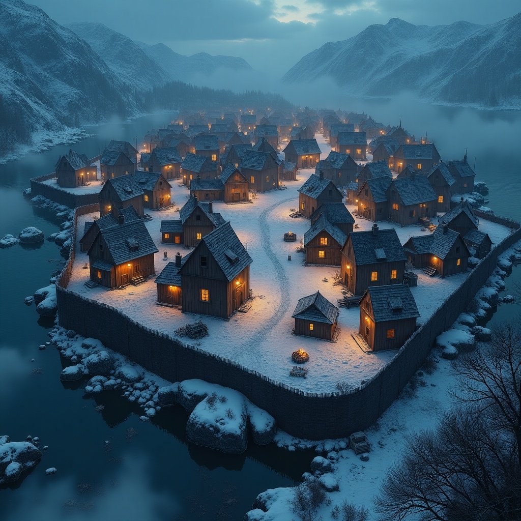 Bird's-eye view of a medieval town in cold dark atmosphere. Wooden walls surround the town. Town includes houses markets blacksmiths harbor barracks army camp. Snowy mountains in background with snow gently falling. Town illuminated with soft lights from lanterns fires. Mysterious adventure theme with detailed buildings.