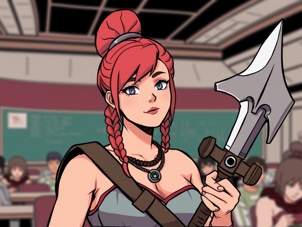 The image is a stylized illustration of a female warrior character standing confidently in a modern classroom setting. She has bright red hair styled into a top bun with side braids, and is wearing a sleeveless outfit that has a medieval or fantasy theme. Her accessory includes a necklace with a green gemstone. In her hand, she holds a large, ornate battle axe. The background shows a blurred classroom filled with students and a chalkboard, giving a juxtaposed effect of a historical warrior figure in a contemporary educational environment. The art style combines elements of comic or anime aesthetics.