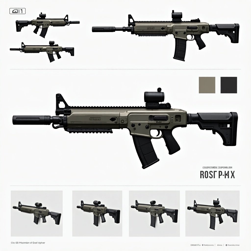 Image presents a fictional firearm with a tactical look. Central rifle displayed in profile. Features shortened barrel and integrated rail system. Compatible with suppressors. Surrounding images show different angles and customizations. Color palette includes metallic shades and black accents. Concept visualization for video games or military-themed media.