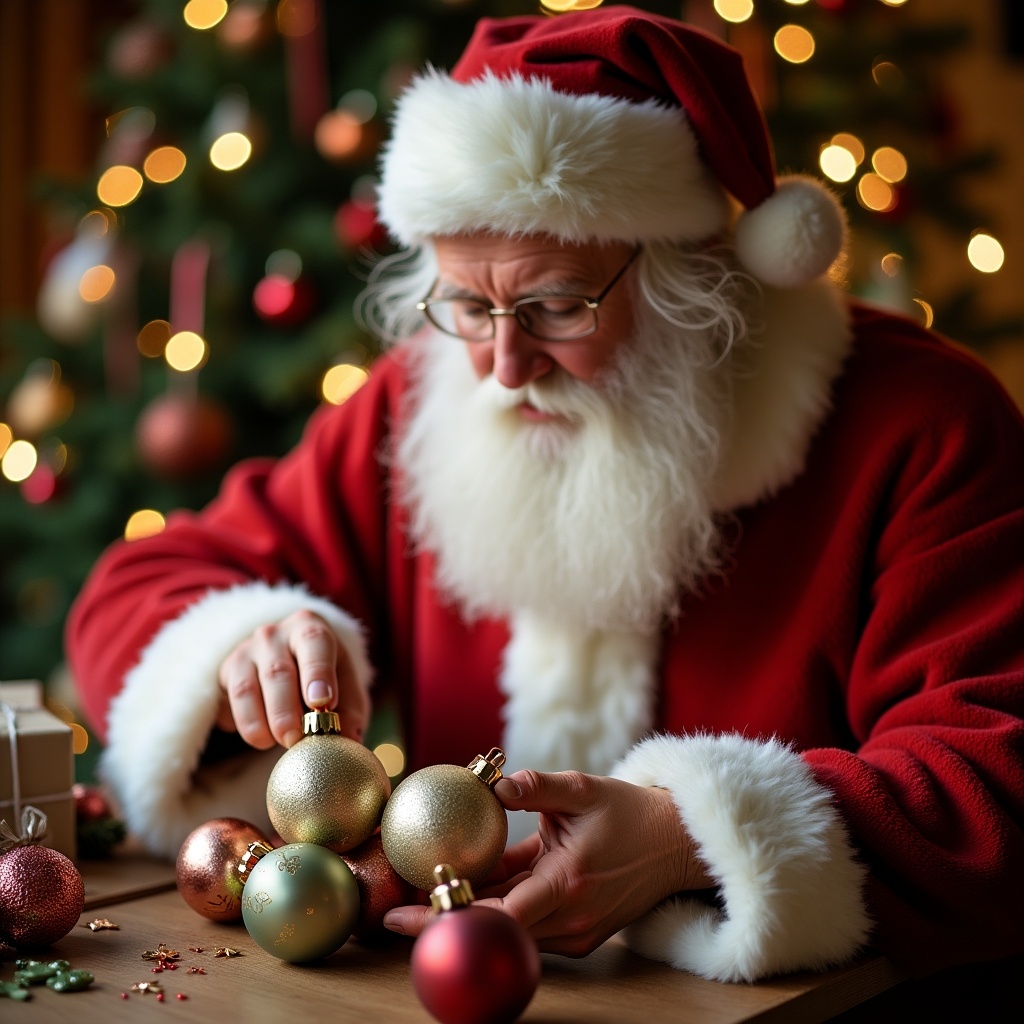 Father Christmas is engaging in a joyful activity of decorating colorful baubles. He holds a golden bauble, inspecting it closely, while other beautifully designed ornaments are scattered on the table. Each bauble features names written in a whimsical font, such as 'Coby', 'Noah', and 'Esmae'. In the background, a beautifully lit Christmas tree adds to the festive ambiance. His iconic red and white outfit is complemented by his fluffy beard, emphasizing the warmth of the holiday season. The scene captures the essence of Christmas joy and family traditions.