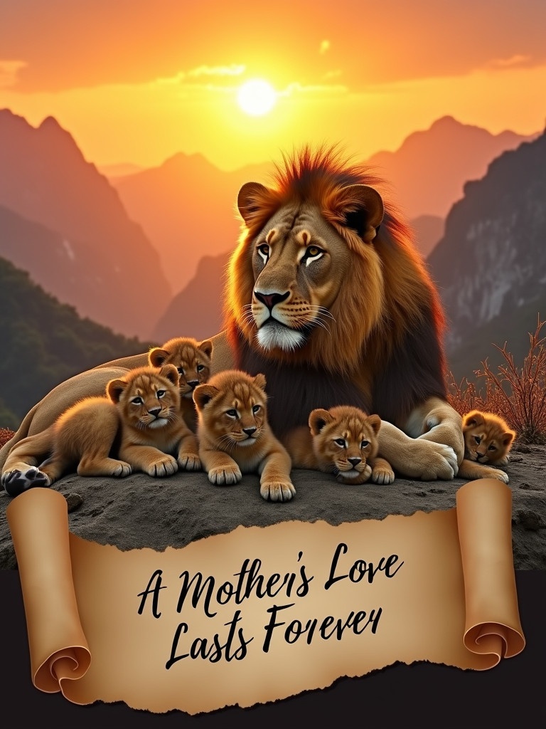 Majestic lioness rests with five adorable cubs. Tender family bond displayed. Awe-inspiring mountains in background. Golden hues of sunset create warm glow. Scroll unfurls with message 'A MOTHER'S LOVE LASTS FOREVER'. Powerful image of love and unity.