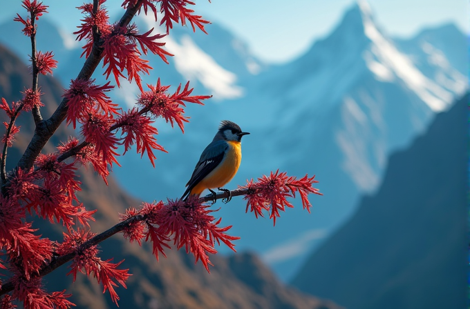 A colorful bird perches on a branch of vibrant red leaves against a backdrop of snowy mountain peaks.