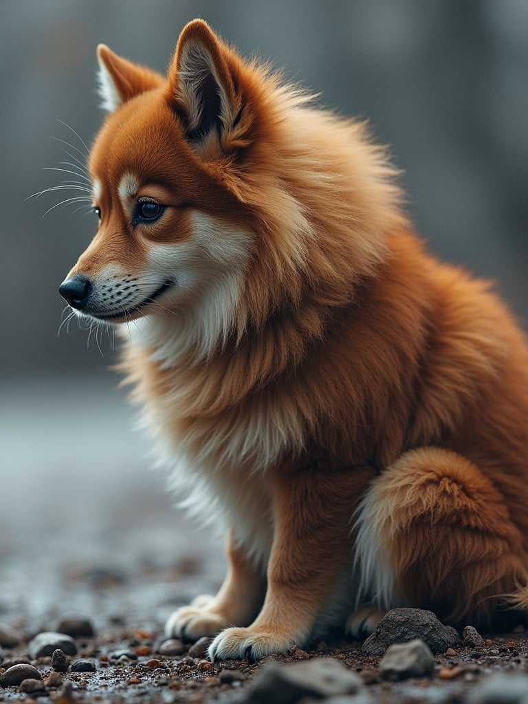 Fluffy orange dog sitting on rocky ground. Dog has a calm demeanor. Background is slightly blurred. The image captures the soft fur texture.