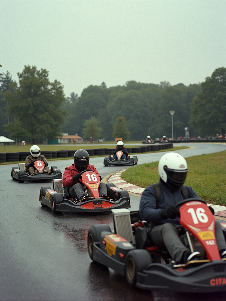 A group of go-karts speed around a wet track amidst lush greenery.