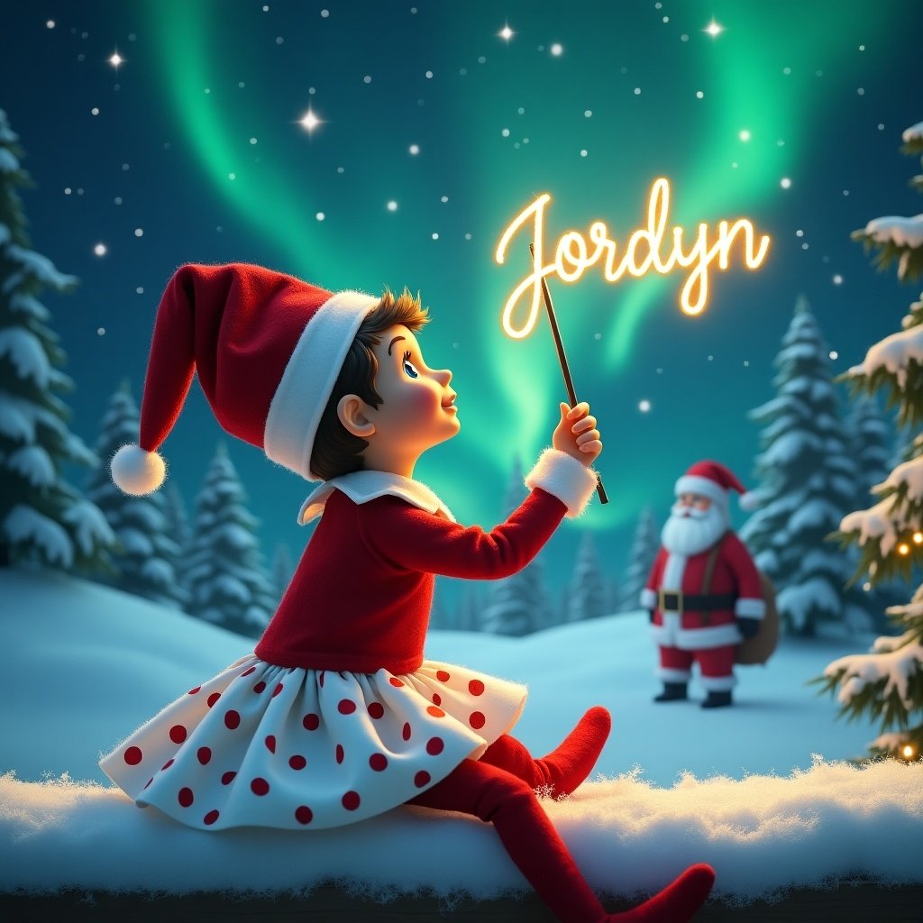 Enchanting Christmas scene features elf on the shelf with white skirt and red polka dots. Elf sits with back turned, gazing upwards. Uses wand to write name Jordyn in night sky. Background has northern lights and distant Santa Claus. Snowy ground creates serene winter wonderland.