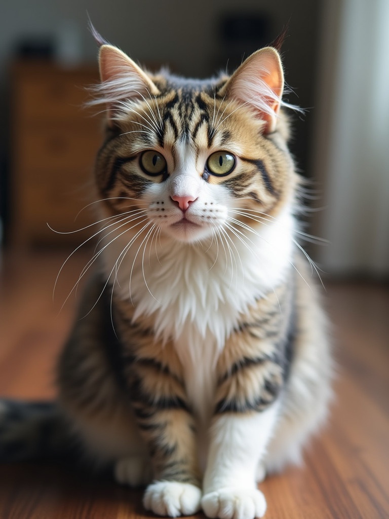 A fluffy thick-furred tabby cat sitting on polished wooden floor. The cat has bright yellow-green eyes and a curious gaze. The background shows soft focus, with natural light coming in from the window.