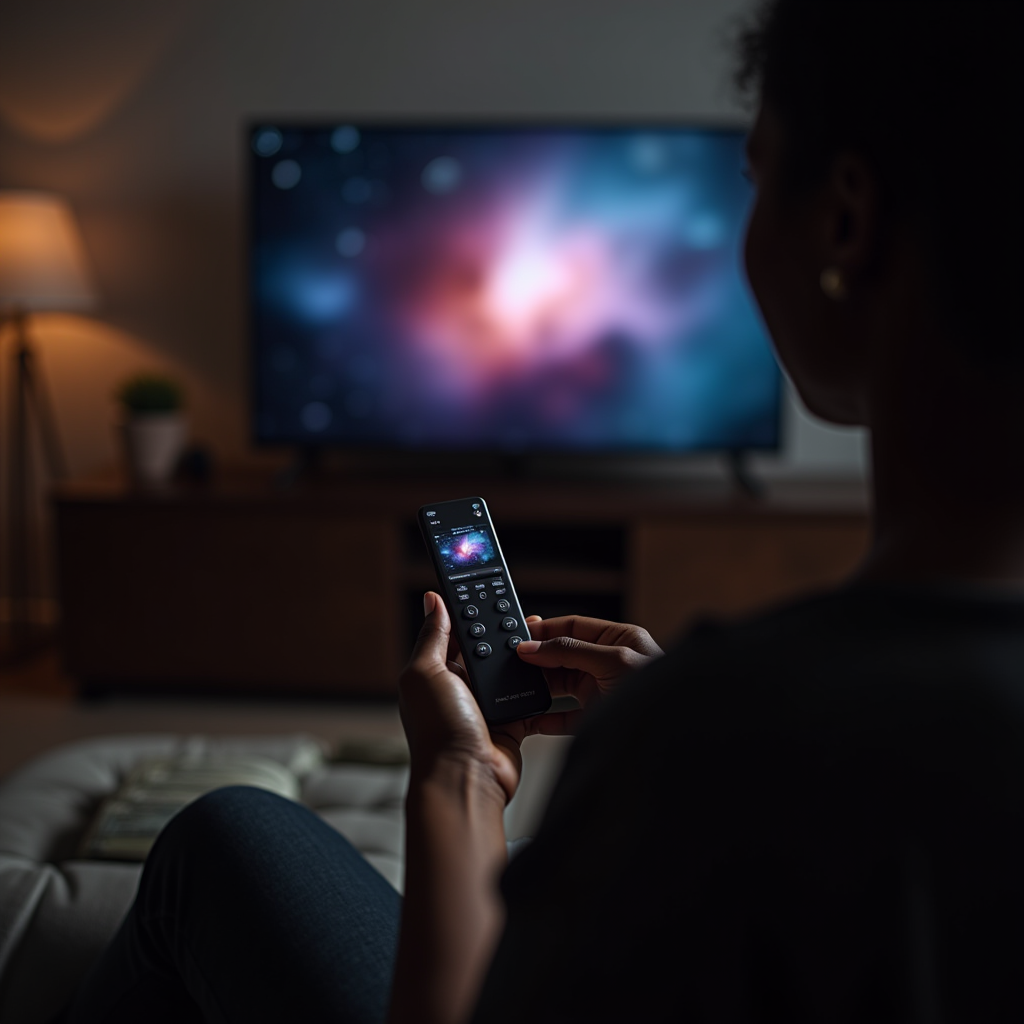 A person in a dimly lit room uses a remote control to watch a galaxy on a large TV.