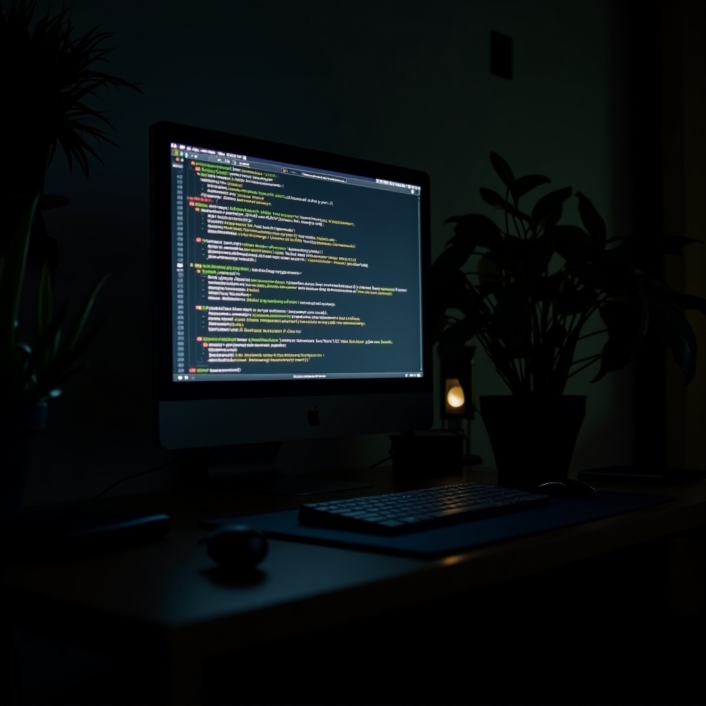 In a dimly lit room, a computer monitor glows with lines of code displayed on the screen. The surrounding area features potted plants that add a touch of greenery to the atmosphere. A keyboard sits on the desk next to the monitor, creating a cozy yet professional workspace. The overall ambiance is calm and focused, perfect for late-night coding sessions. The lighting is soft and warm, enhancing the visual appeal of the setup.