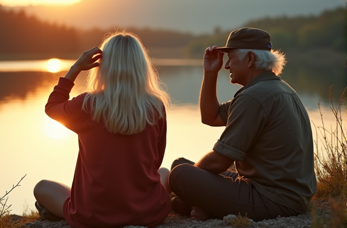 An elderly couple sits by a tranquil lake at sunset, surrounded by a serene natural setting.