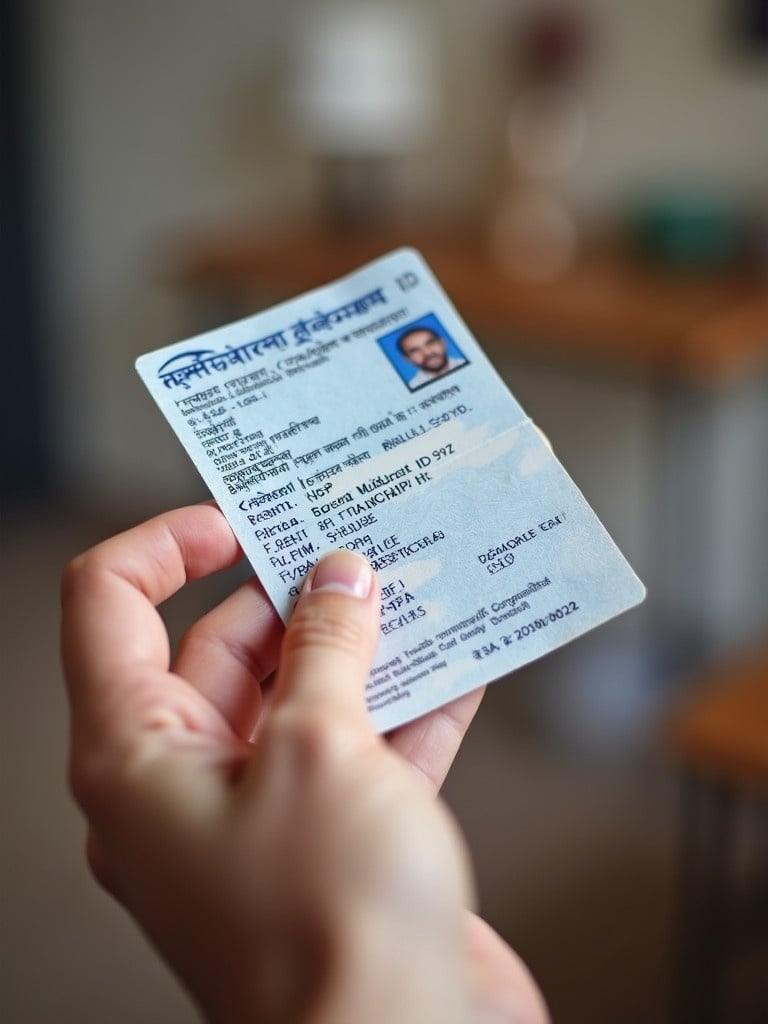 A hand is holding a passport ID card. The card shows various personal details for identification. Image taken indoors with natural light.