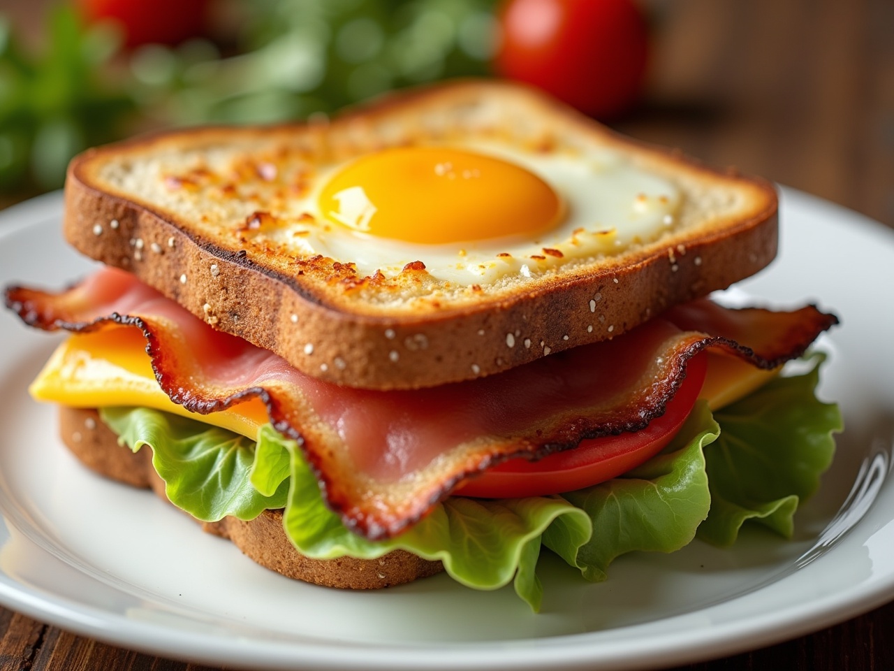 A delicious fried egg, crispy bacon, and melted cheese sandwich on toasted bread. The sandwich is layered with fresh tomato and leafy iceberg lettuce. It's beautifully arranged on a white plate, showcasing its vibrant colors. The golden yolk and crispy bacon stand out, making it look appetizing. This meal is perfect for breakfast or brunch, highlighted by natural lighting that enhances its appeal.