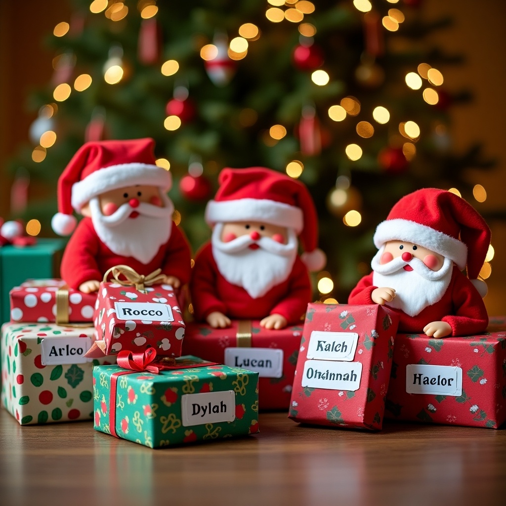 This festive image captures a charming scene with three Santa dolls sitting next to beautifully wrapped presents. Each gift box features a name tag, including 'Rocco,' 'Dylan,' and other names that evoke holiday cheer. The background is adorned with a beautifully lit Christmas tree, enhancing the warm atmosphere. The overall setting is filled with vibrant colors of red, green, and gold, typical of Christmas celebrations. This delightful arrangement evokes feelings of joy and nostalgia, making it perfect for holiday-themed content.