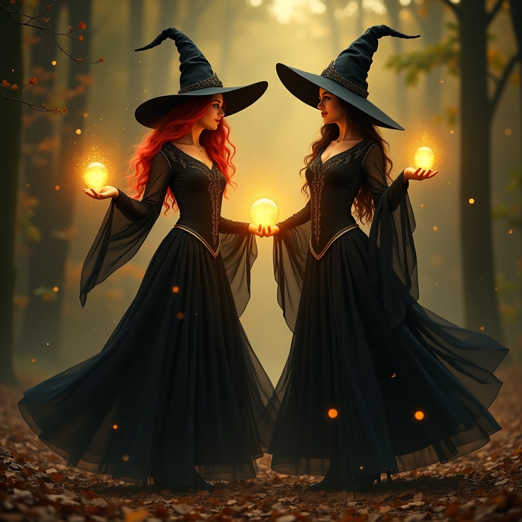 Two witches with red hair and black hair holding glowing yellow orbs in a forest. They are dancing together. The atmosphere is magical and enchanting.