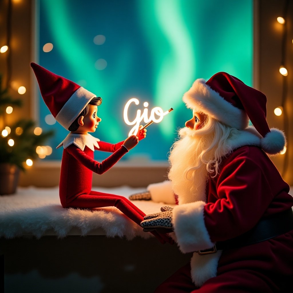 Enchanting Christmas scene featuring elf on the shelf and Santa. Elf in red and white with magic wand writing 'Gio' in glowing script. Vibrant northern lights background. Captures festive and whimsical holiday spirit. Elf evokes wonder and excitement of the season.