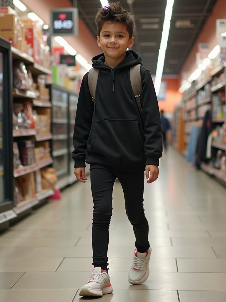 A boy is walking in a store. He is wearing black leggings and white sneakers. The store has shelves filled with products. The focus is on the boy's stylish outfit. The lighting is bright as he moves down the aisle.