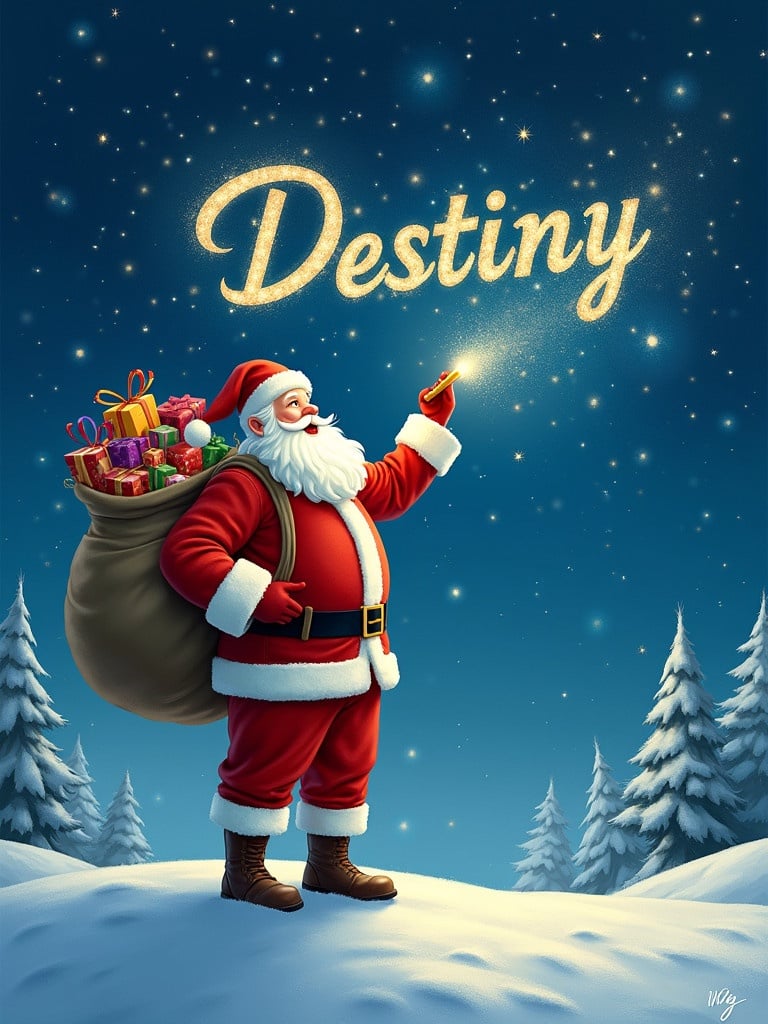 Santa Claus stands on a snowy hill. It is night with twinkling stars. He is writing names in the sky with a pencil. He is wearing red and white clothing. A large sack of gifts is on his back. The name 'Destiny' is displayed in a whimsical font.