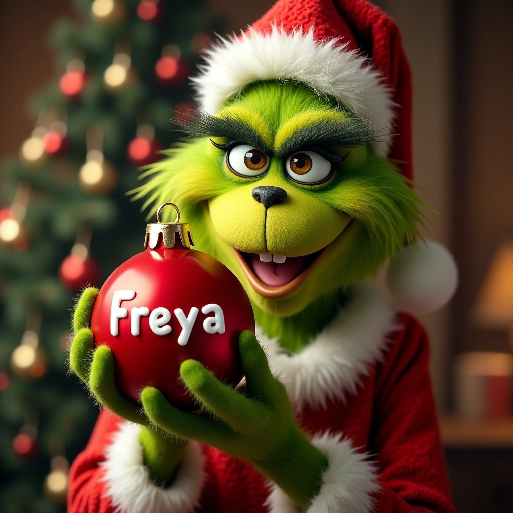 The Grinch holds a red Christmas ornament with the name freya written on it. The character has a festive appearance with a Santa hat. Christmas tree in the background.