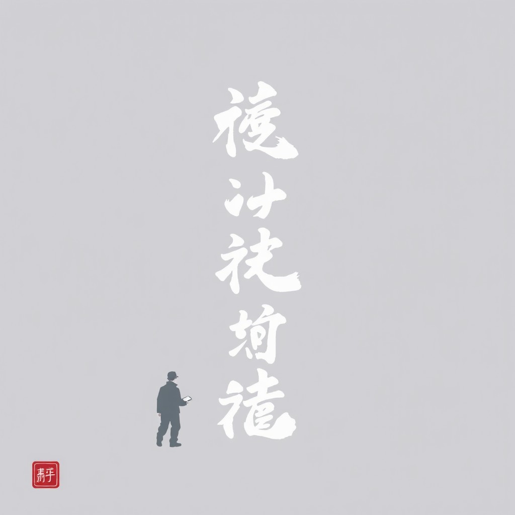 A silhouette of a person stands beside vertical calligraphy on a gray background.