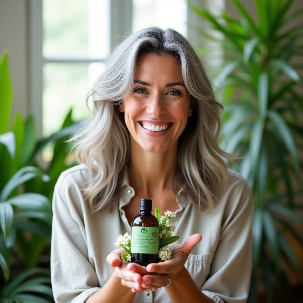 A smiling woman with gray hair holds a green angelica hair tonic in both hands. Natural background with plants. Warm lighting creates a welcoming atmosphere. The woman exudes joy and confidence.