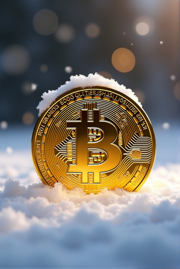 A golden Bitcoin symbol partially covered with snow, glows warmly amidst a cold backdrop.