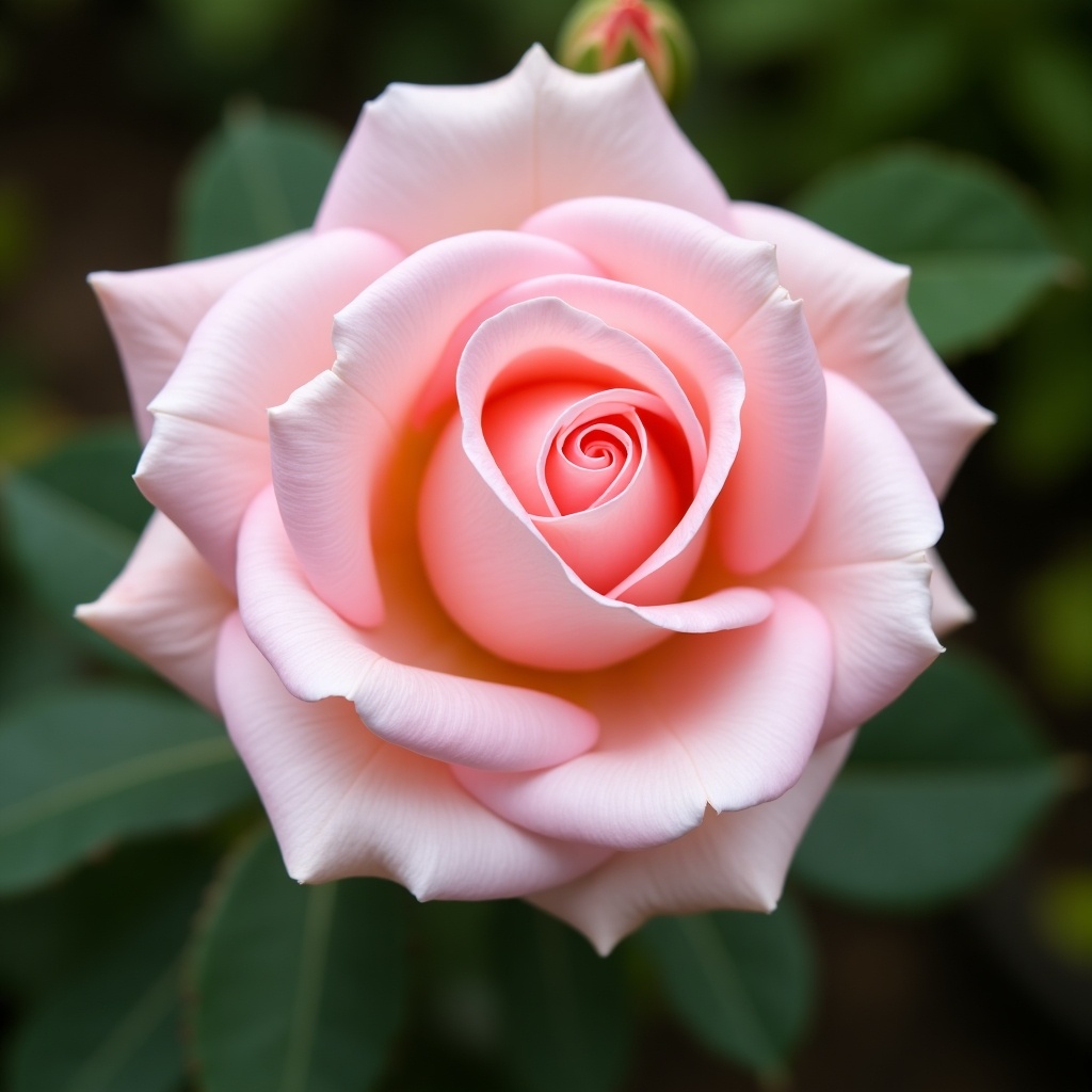 A delicate pink rose with softly curling petals in a garden setting.