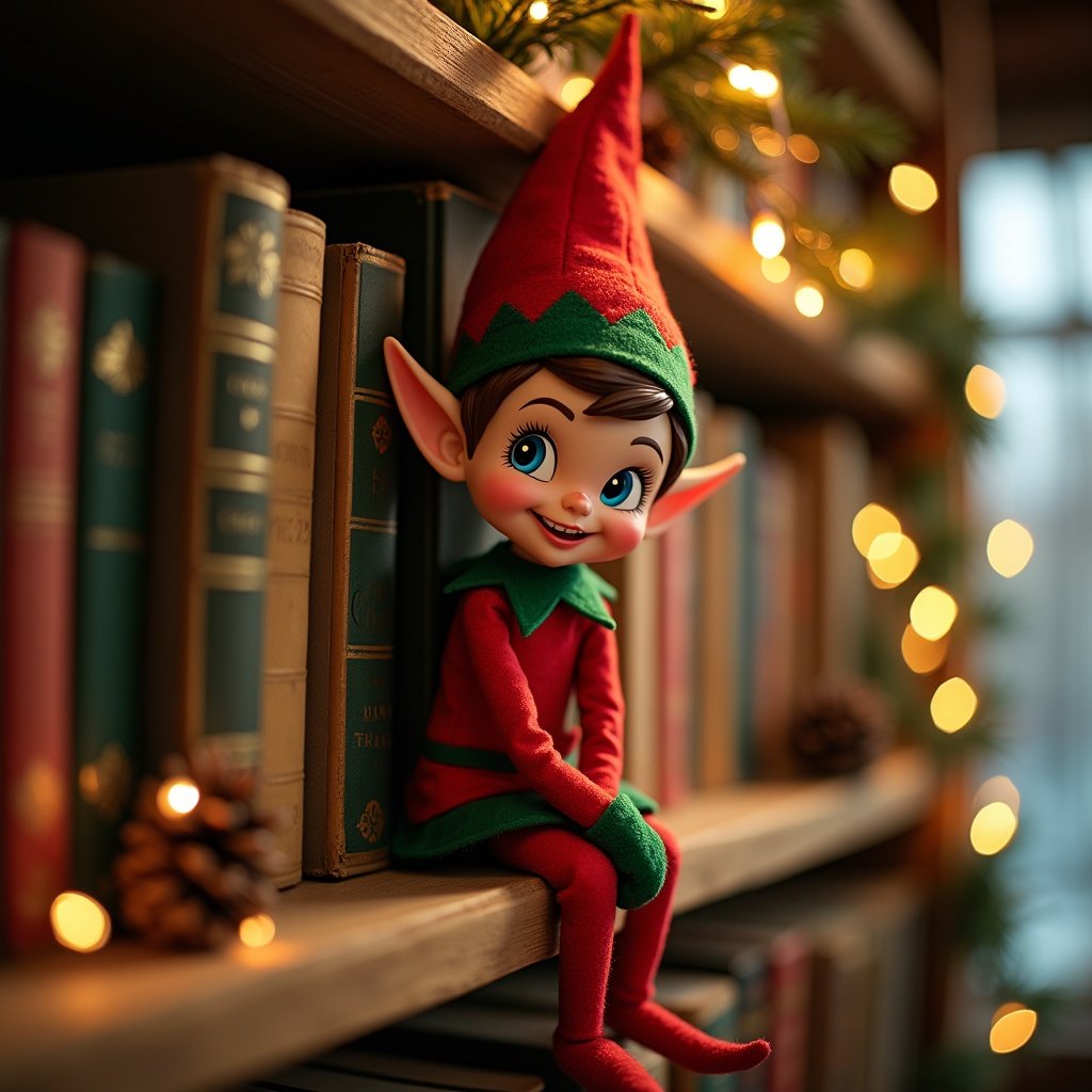 Illustration of a cheerful elf sitting on a bookshelf. The elf wears a red and green outfit with pointed ears and a big smile. Books are neatly lined up, adorned with holiday decorations.