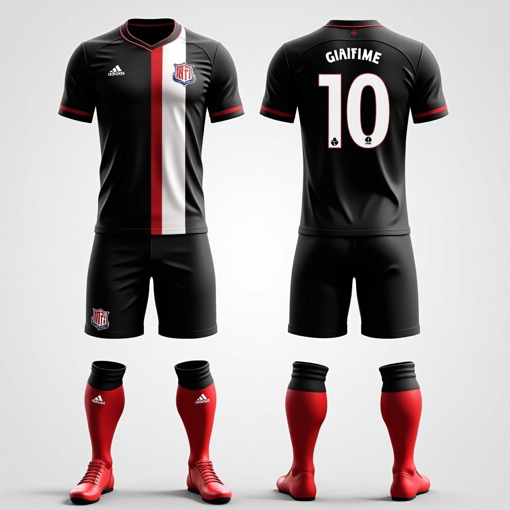 Design a football kit utilizing black, white, red, and gray colors. Incorporate a club logo on the left side of the chest. Add a player name and number on the back of the jersey. Include the text WE ARE GINGA on the neck and sides of the pants.