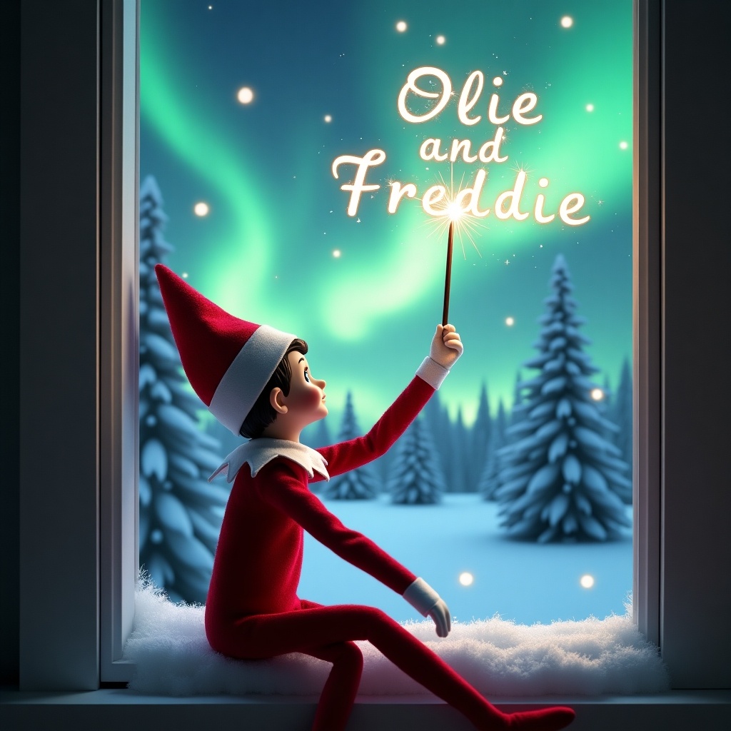 The image features an adorable elf on the shelf, sitting on a window ledge with its back turned to the viewer. It holds a magical wand, creating twinkling sparks in the air. The elf gazes up at a stunning display of northern lights, illuminating the winter scene. Surrounding are snow-covered pine trees that enhance the festive feel. Dressed in a vibrant red outfit with white trim, the elf embodies the Christmas spirit. The enchanting colors of the aurora borealis enhance the magical ambiance of this holiday moment.