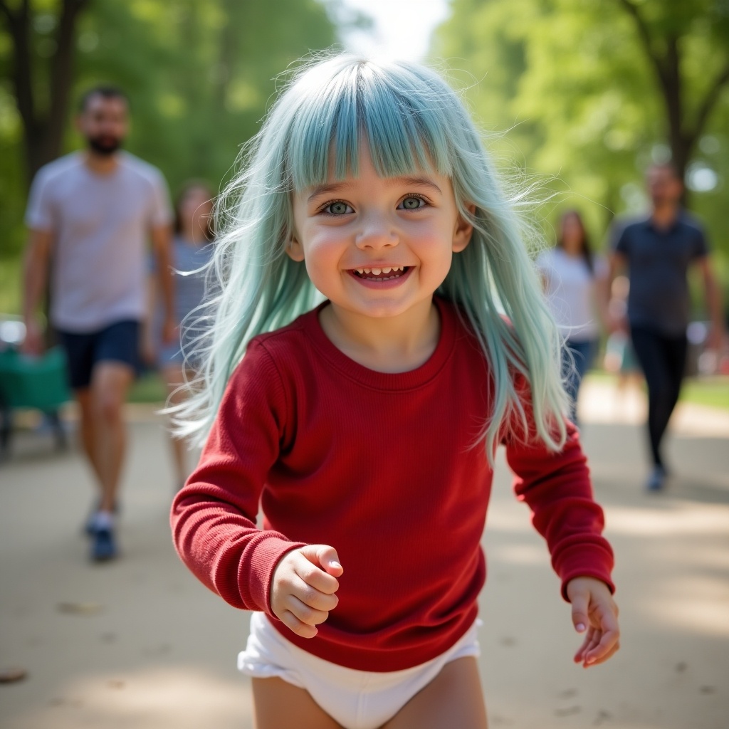 The image shows a joyful 10-year-old girl with long, silvery blue hair and bright emerald green eyes. She is wearing a red long sleeve ribbed top and diapers, running energetically in a park. In the background, her parents and other people can be seen enjoying their day out. The scene captures the essence of childhood happiness and family bonding in a vibrant outdoor setting. Sunlight filters through the trees, creating a warm and inviting atmosphere. The girl's wide smile adds to the cheerful vibe of the image.