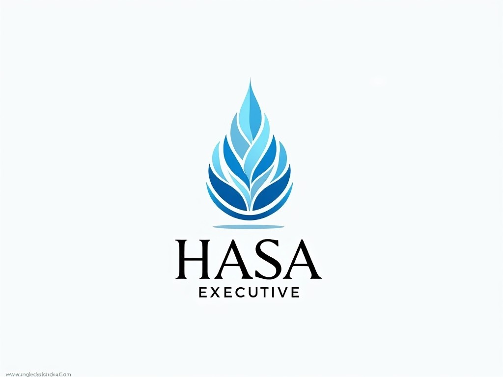 This image showcases a logo designed for HASA EXECUTIVE, a health clinic. It features a stylized water droplet that symbolizes the essence of Zam Zam water molecules. The logo utilizes shades of blue, representing calmness and health. The name 'HASA EXECUTIVE' is prominently displayed in a bold, modern font beneath the droplet design. The overall aesthetic is clean and professional, suitable for the healthcare industry.