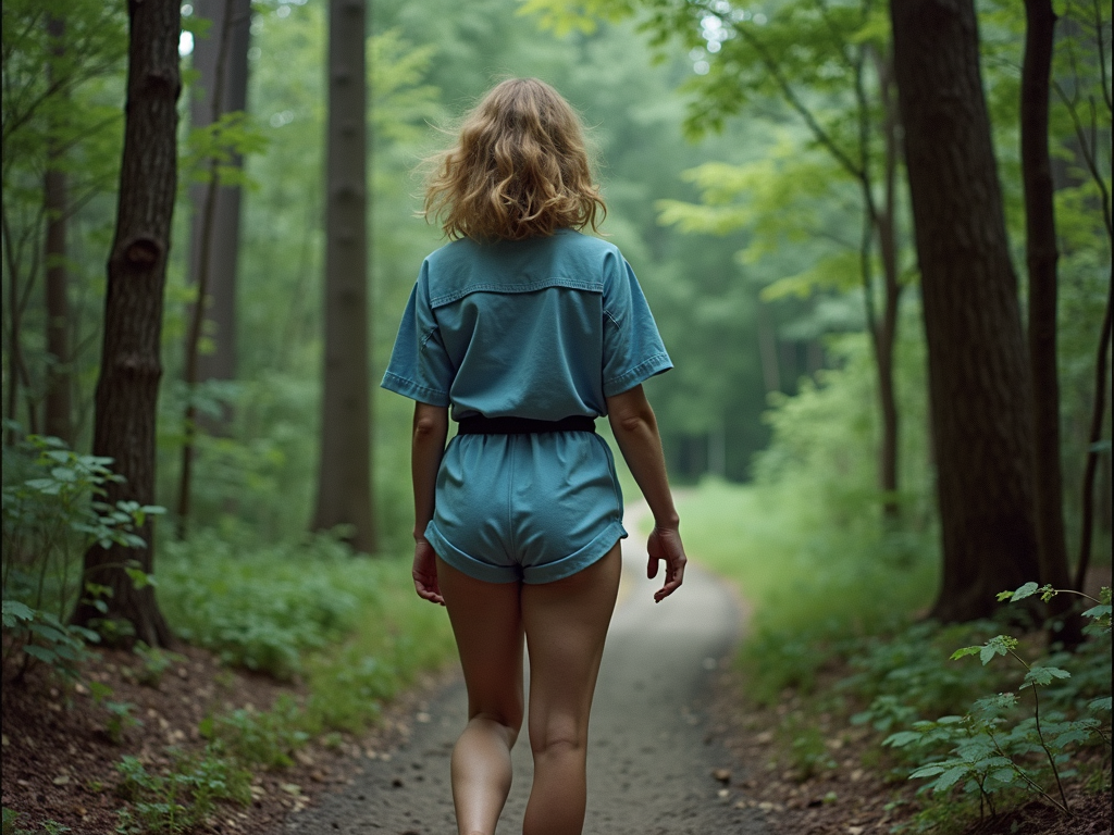 A person walking along a forest path, surrounded by lush greenery on a summer day.