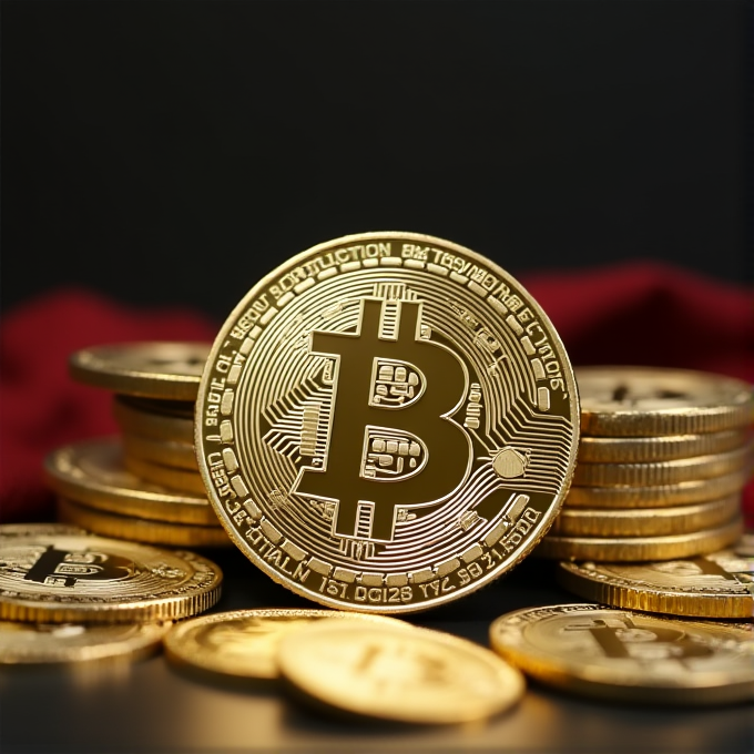 A close-up of several golden Bitcoin coins on a dark background.