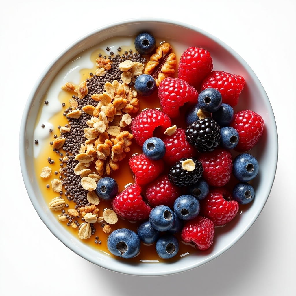 Mixed berries including blueberries and raspberries, granola topped with walnuts and chia seeds, drizzled with honey in a large bowl. Ultra realistic appearance.