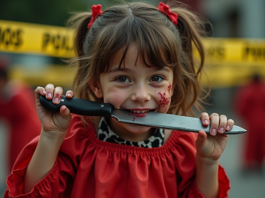 This image features a young girl in a red dress holding a knife with a playful expression, contrasting childlike innocence with elements of horror. The presence of police tape in the background adds an eerie and mysterious atmosphere. The juxtaposition of the child's smile and the unsettling props evokes a sense of unease and complexity.