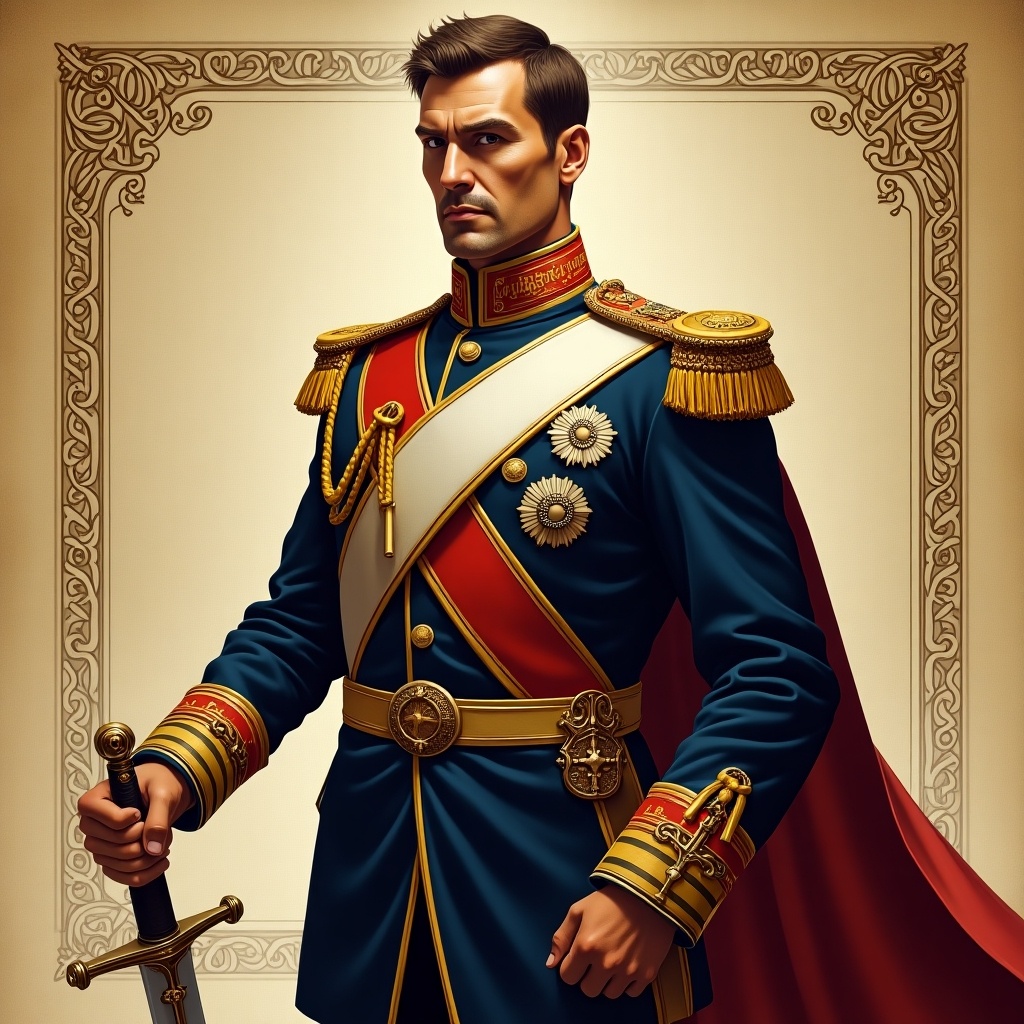 A male marshal character designed for the game Stratego. Character wears a detailed military uniform with decorations and holds a sword. Background features ornate patterns that enhance the regal appearance.