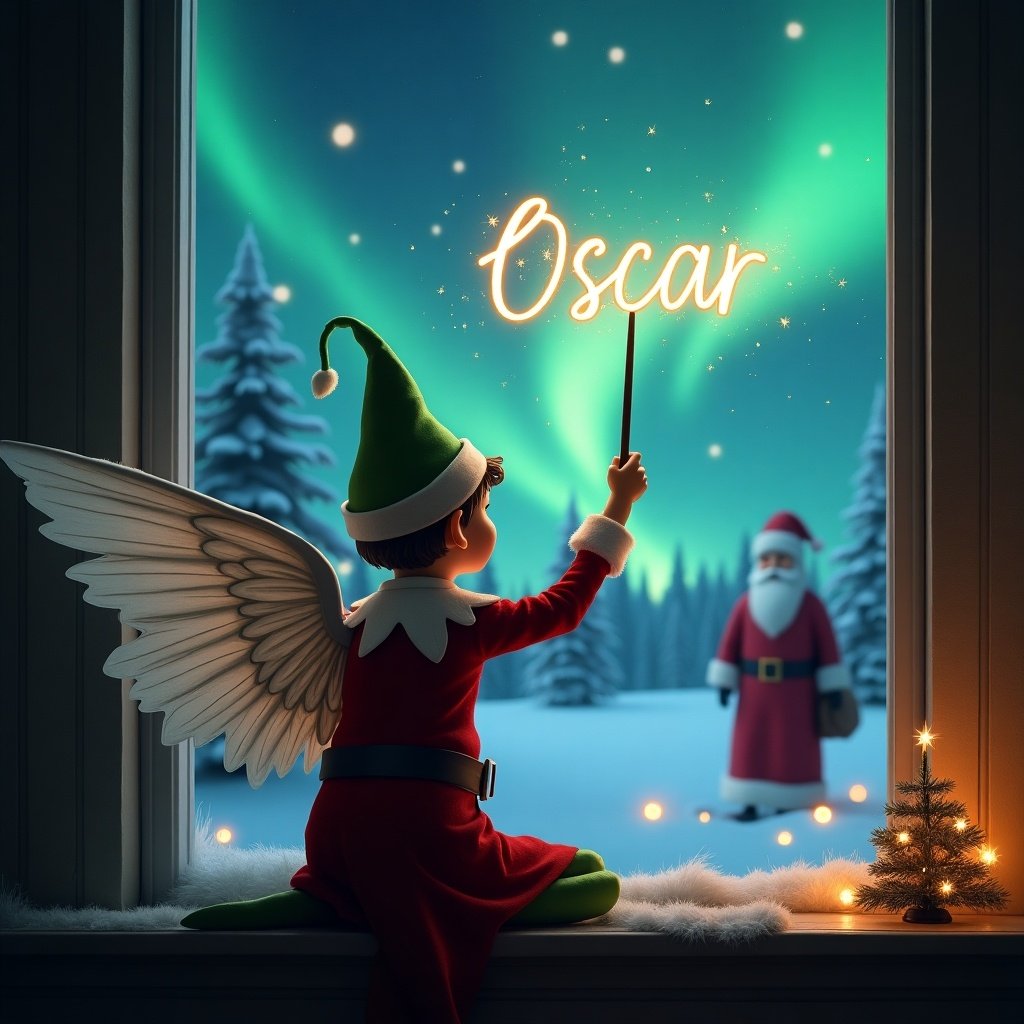 Elf on the shelf has back facing. Elf is writing Oscar in the sky with a wand. Elf has angel wings. Magical Christmas scene with northern lights and Santa in background.