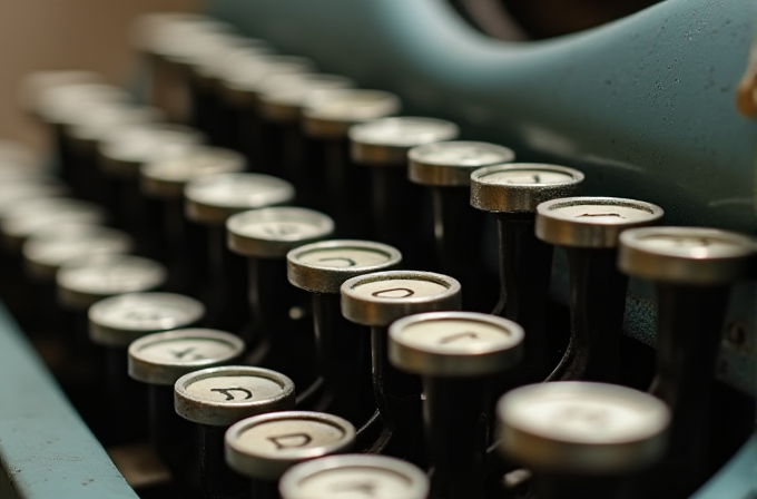 Close-up of a row of round, vintage typewriter keys with a blue metallic frame.