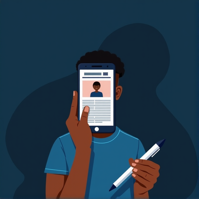 A person holds a smartphone in front of their face, showing a digital image of themselves, while holding a pen in the other hand against a dark blue background.