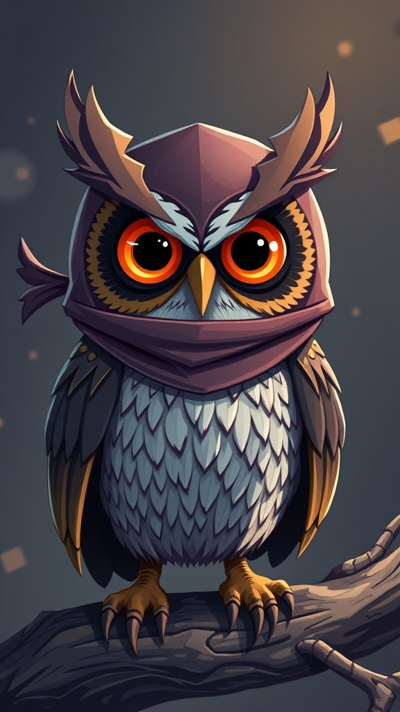 This digital illustration depicts a stylized, cartoonish owl with exaggerated, glowing orange eyes. The owl is clad in a unique ninja-like hood and scarf, perched confidently on a branch against a nighttime backdrop. The muted colors of the background enhance the vibrant details and sharpness of the owl, creating an aura of mystery and intrigue.