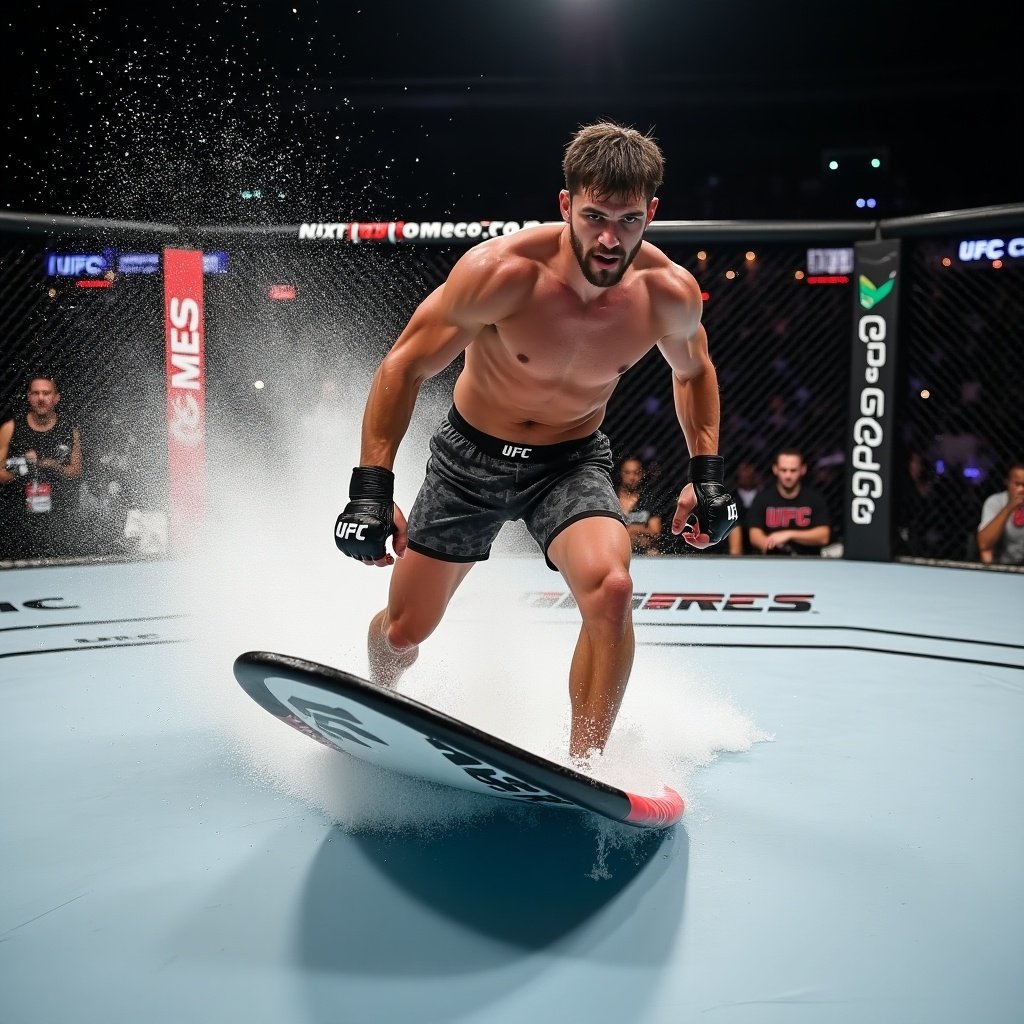 UFC fighter balancing on a surfboard inside the cage. The fighter displays athleticism and skill while engaging in an unconventional activity. The audience in the background shows excitement.