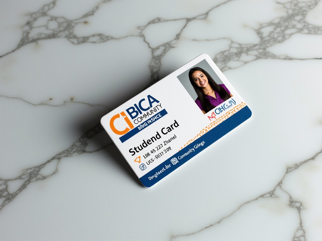 The image shows a student ID card from CIBICA Community College. The card is lying flat on a marble surface. It features a bright color scheme with blue and orange accents. A photograph of the student is prominently displayed on the card. The overall presentation is clean, highlighting important details.