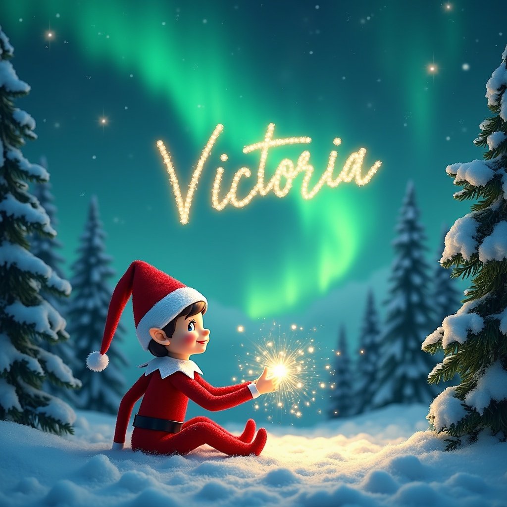 Enchanting winter scene with playful elf on shelf character sitting in snow. Elf is writing name 'Victoria' in sky with magical light. Above, northern lights paint sky in vibrant greens. Snow-covered pine trees surround elf, adding to festive atmosphere. Captures magic of Christmas and joy of childhood imagination.