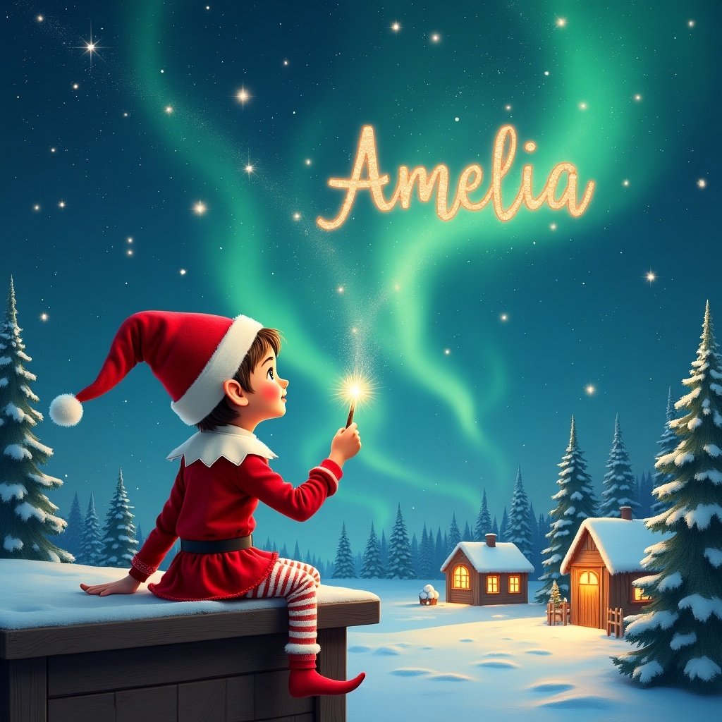 Elf on a wooden ledge looks at a magical sky. Dressed in red outfit and pointed hat. Holds sparkling wand. Writes name 'Amelia' in the starry sky. Snowy landscape with charming houses and evergreen trees. Shimmering Northern Lights. Captures essence of childhood magic and Christmas cheer. Elf adds names 'Natasha' and 'Ada' in the sky.