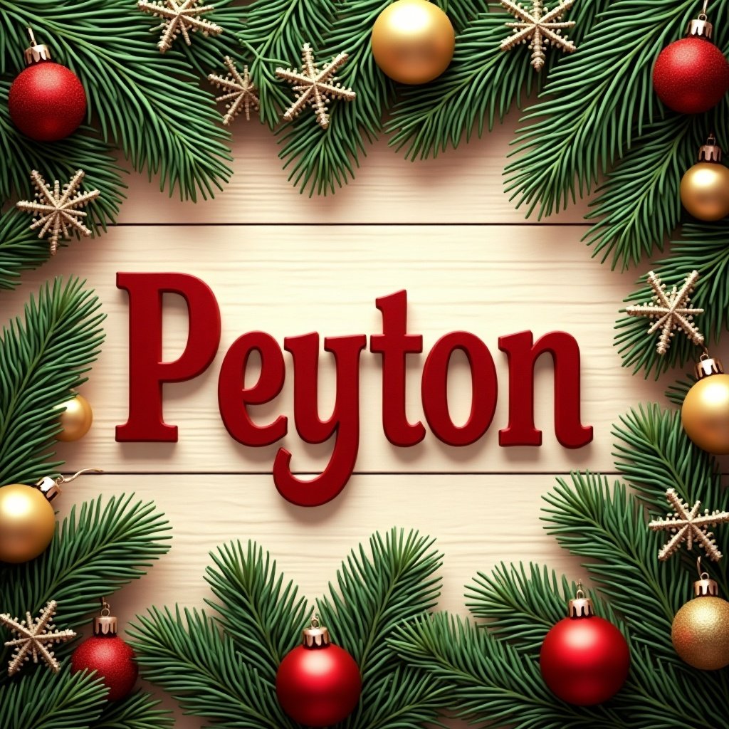 Image features name 'Peyton' in red surrounded by gold and red ornaments. Evergreen branches frame scene with snowflake decorations. Background is warm wooden texture. Ideal for holiday decorations.